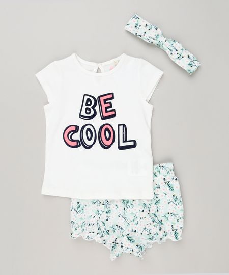 Conjunto-Infantil-de-Blusa--Be-Cool--Manga-Curta---Short-Estampado-Floral---Faixa-de-Cabelo-em-Algodao---Sustentavel-Off-White-8959632-Off_White_1