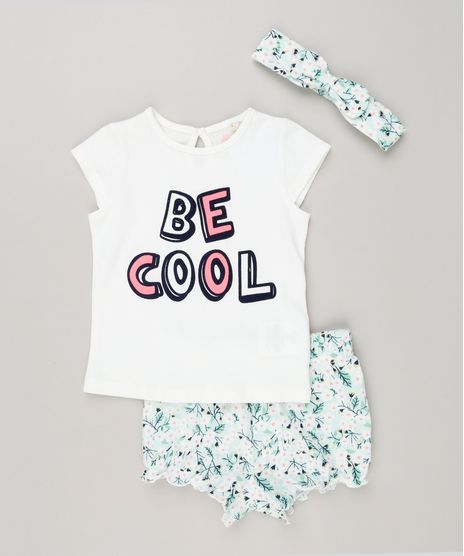 Conjunto-Infantil-de-Blusa--Be-Cool--Manga-Curta---Short-Estampado-Floral---Faixa-de-Cabelo-em-Algodao---Sustentavel-Off-White-8959632-Off_White_1