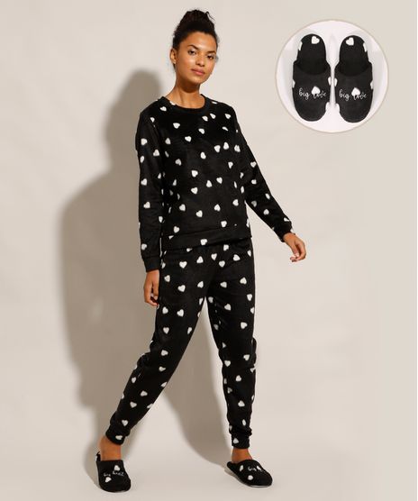 Kit-de-Pijama-Manga-Longa-Estampado-de-Coracoes----Pantufas-Preto-9974575-Preto_1