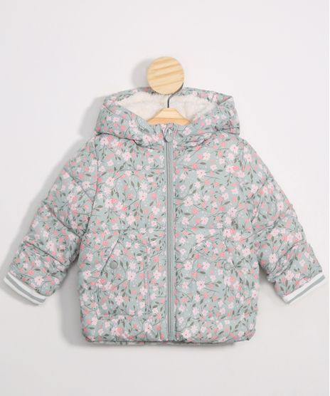 Jaqueta-Infantil-Puffer-de-Nylon-Estampada-Floral-com-Bolsos-e-Capuz-Verde-Claro-9971394-Verde_Claro_1