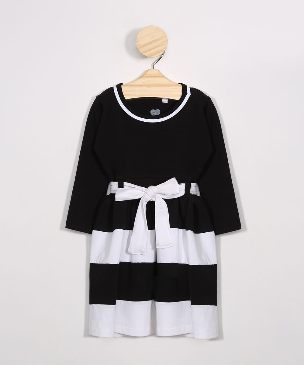 Vestido Infantil com Recortes e Cinto Manga Longa Preto