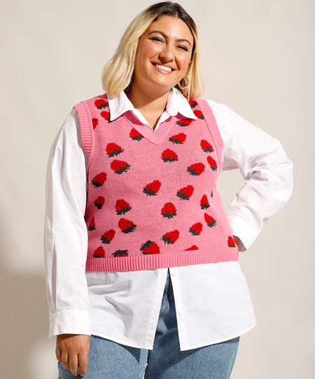 Colete-de-Trico-Estampado-de-Morangos-Plus-Size-Decote-V-Mindset-Rosa-9994323-Rosa_1