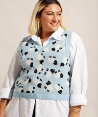 Colete-de-Trico-Estampado-de-Ovelhas-Plus-Size-Decote-V-Mindset-Azul-Claro-9994322-Azul_Claro_1