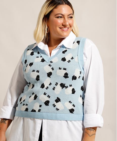 Colete-de-Trico-Estampado-de-Ovelhas-Plus-Size-Decote-V-Mindset-Azul-Claro-9994322-Azul_Claro_1