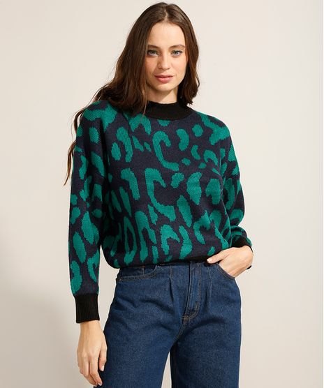 Sueter-Amplo-de-Trico-Estampado-Animal-Print-Onca-Gola-Alta-Azul-Escuro-9811710-Azul_Escuro_1