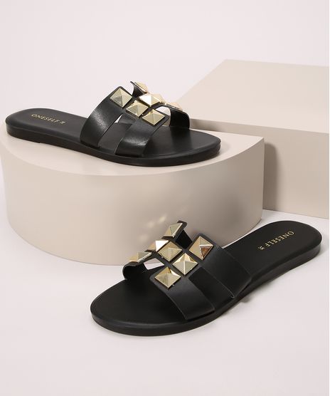 Rasteirinha-Feminina-com-Tachas-Bico-Redondo-Oneself-Preta-9992858-Preto_1