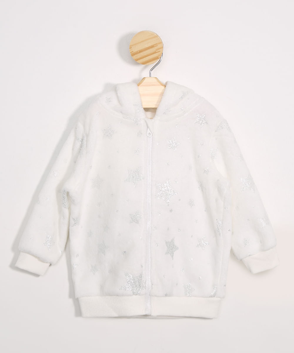 Jaqueta Infantil de Fleece Unicórnios Estampado de Estrelas com Capuz Off White