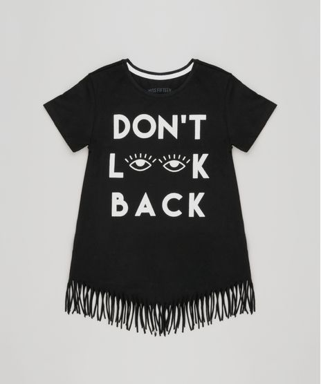 Blusa-Infantil--Don-t-Look-Back--com-Franjas-Manga-Curta-Decote-Redondo-em-Algodao---Sustentavel-Preta-9141770-Preto_1
