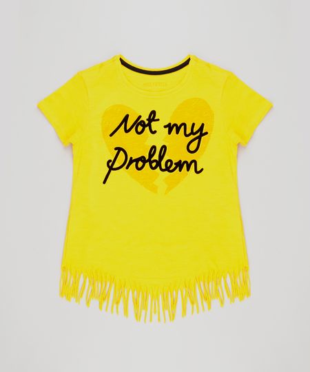 Blusa-Infantil--Not-My-Problem--com-Franjas-Manga-Curta-Decote-Redondo-em-Algodao---Sustentavel-Amarela-9141770-Amarelo_1