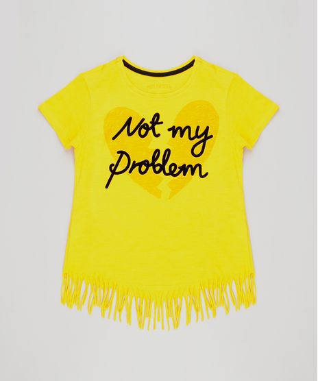Blusa-Infantil--Not-My-Problem--com-Franjas-Manga-Curta-Decote-Redondo-em-Algodao---Sustentavel-Amarela-9141770-Amarelo_1
