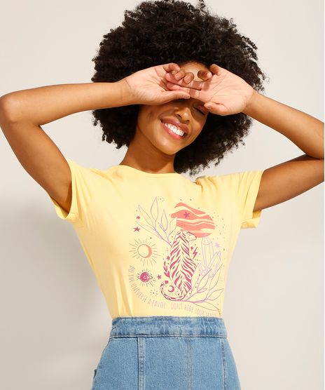 Camiseta-de-Algodao-Tigre-e-Lua-Manga-Curta-Decote-Redondo-Amarelo-9994271-Amarelo_1
