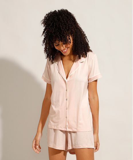 Pijama Camisa Feminino Manga Curta Rosê