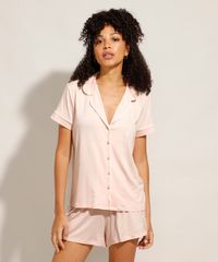 Pijama Camisa Feminino Manga Curta Rosê Frente