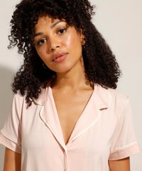 Pijama Camisa Feminino Manga Curta Rosê Gola