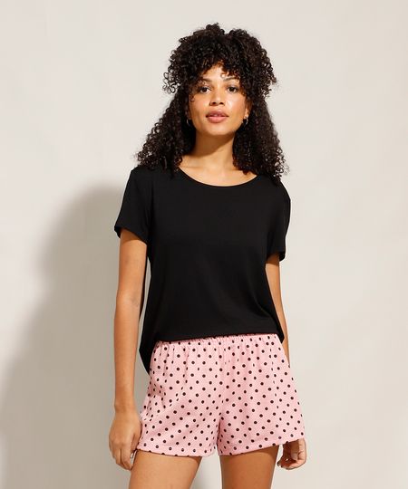 Pijama Camisa Feminino Manga Curta Poá Preto