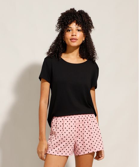 Pijama Camisa Feminino Manga Curta Poá Preto