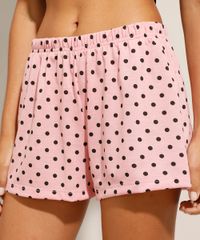 Pijama Camisa Feminino Manga Curta Poá Preto Shorts Rosa com Bolinhas Pretas