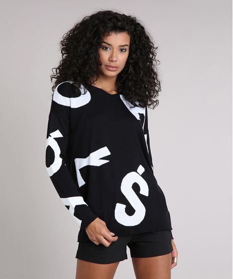 Sueter-Feminino-Estampado-em-Trico-Manga-Longa-Decote-V-Preto-9174964-Preto_1