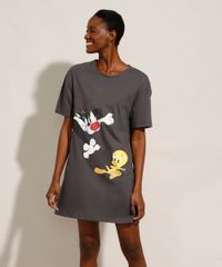 Camiseta-Longa-Piu-Piu-e-Frajola-Manga-Curta-Decote-Redondo-Chumbo-9974464-Chumbo_1