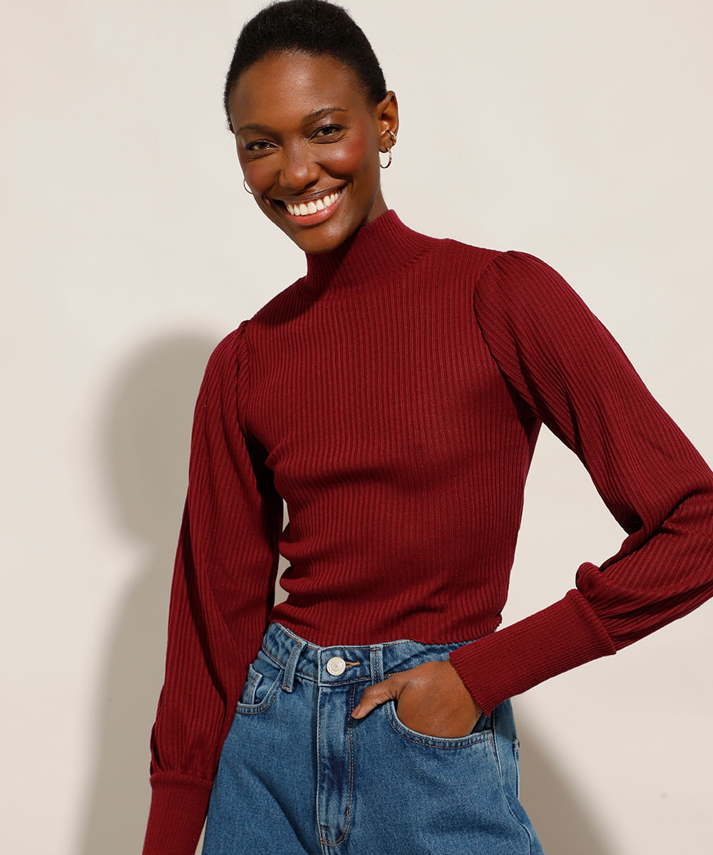 Blusa de Tricô com Vazado e Amarração Manga Bufante Gola Alta Vermelha