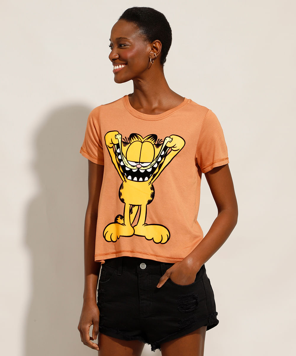Camiseta Garfield Flocada Manga Curta Decote Redondo Caramelo