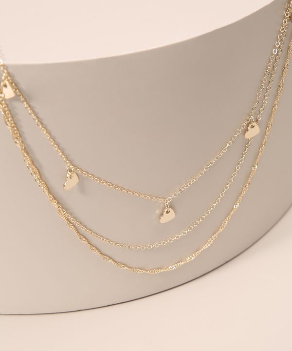 Colar Feminino Triplo com Pingentes de Corações Dourado Único