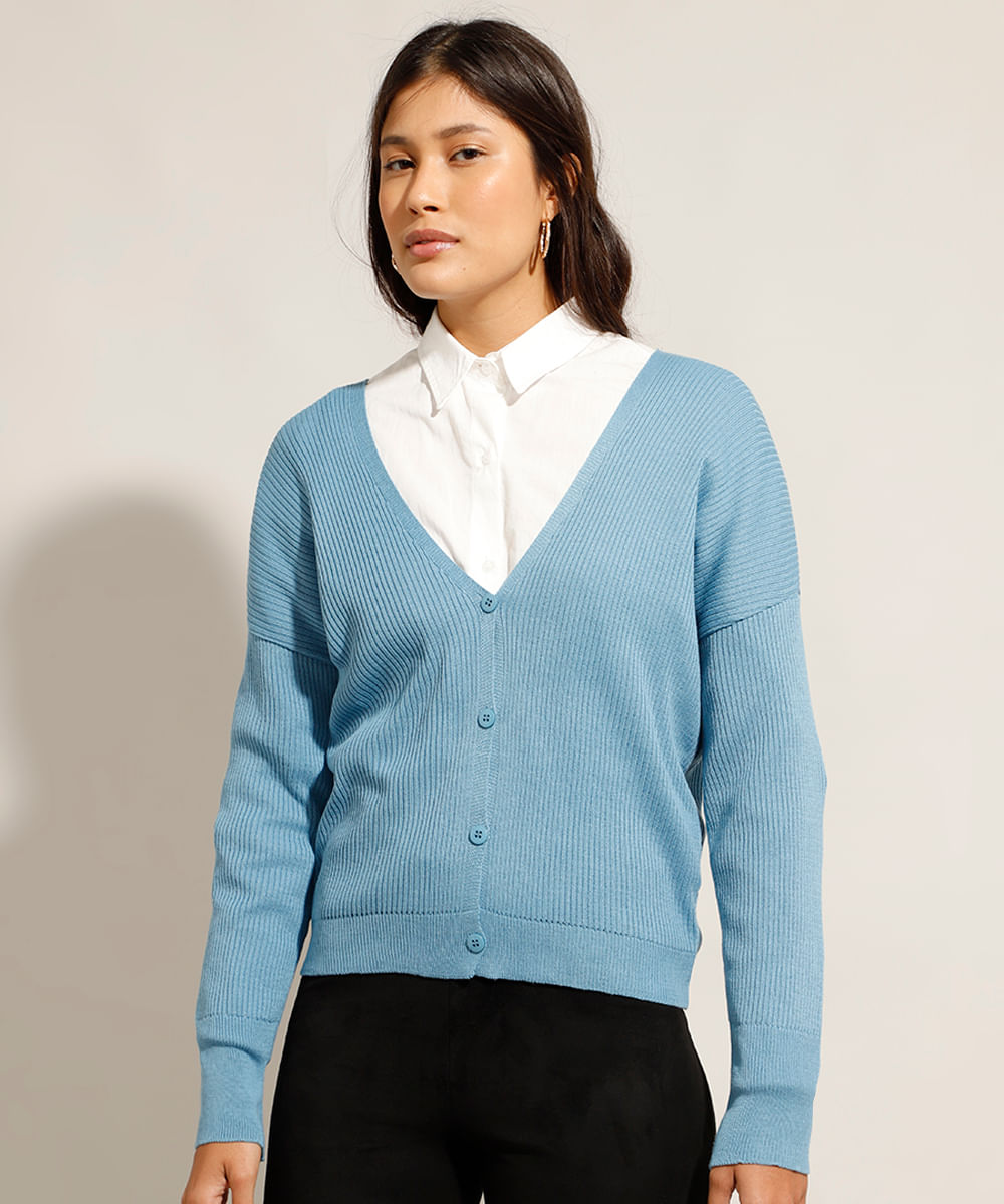 Cardigan de Tricô Canelado Decote V Azul Claro