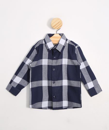 Camisa Infantil Estampada Xadrez Manga Longa Festa Junina Azul Marinho