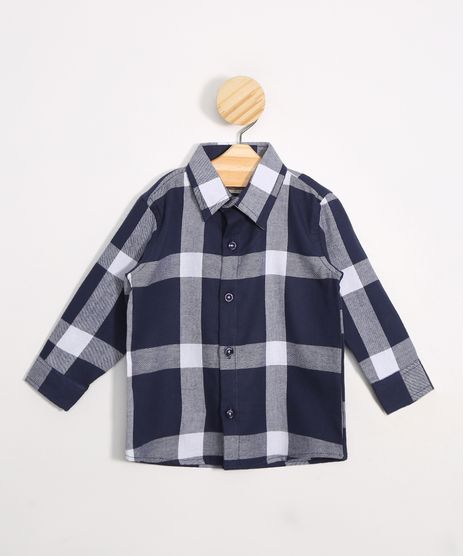 Camisa Infantil Estampada Xadrez Manga Longa Festa Junina Azul Marinho