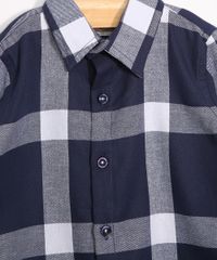Camisa Infantil Estampada Xadrez Manga Longa Festa Junina Azul Marinho detalhe gola