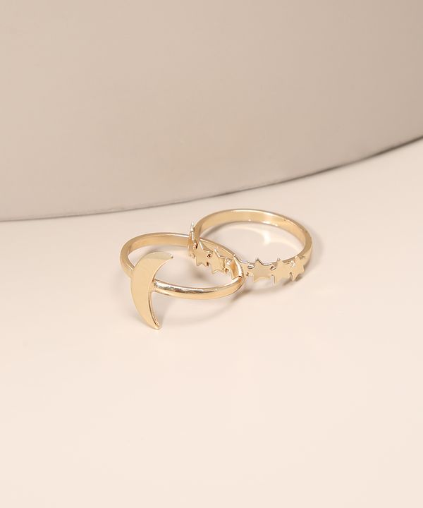 Kit de 2 Anéis Femininos Lua e Estrelas Dourado M