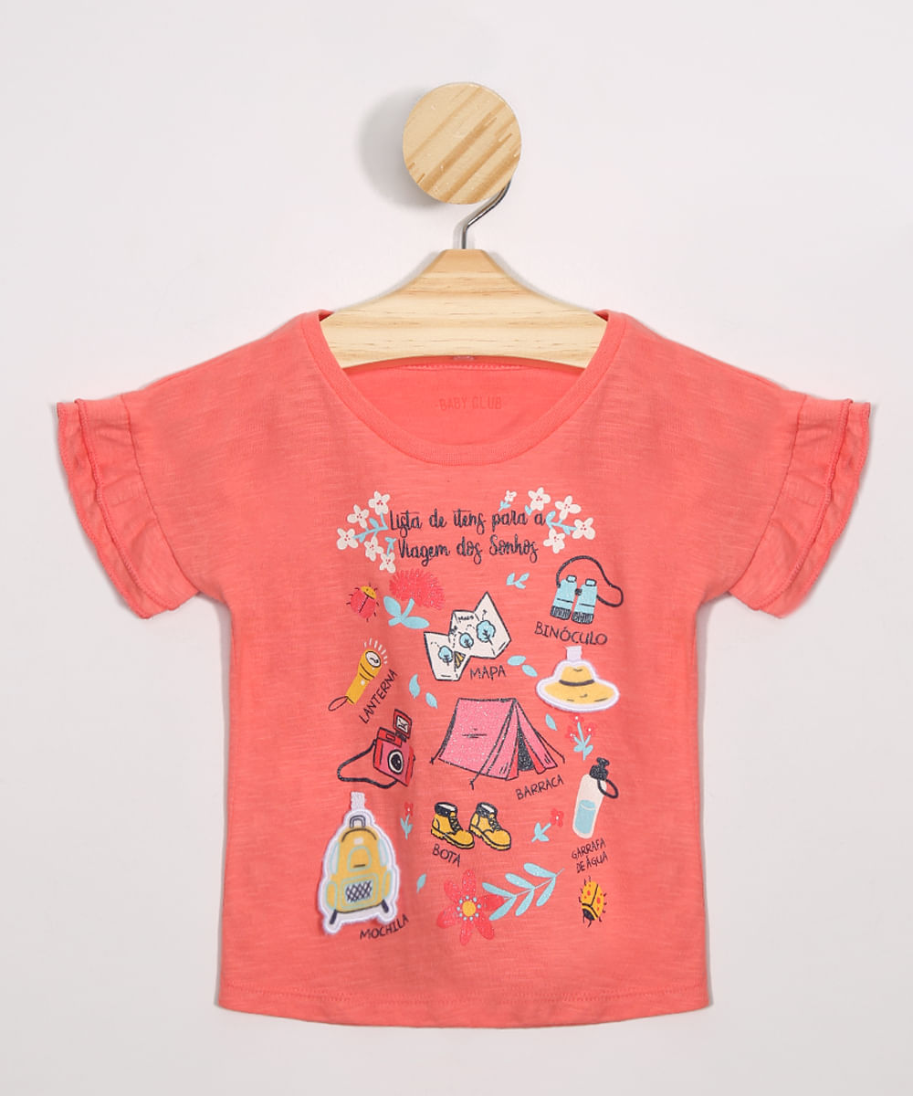 Blusa Infantil Viagem dos Sonhos com Babado Manga Curta Decote Redondo Coral