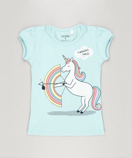Blusa-Infantil-Unicornio-com-Glitter-Manga-Curta-Decote-Redondo-em-Algodao---Sustentavel-Verde-Claro-9107641-Verde_Claro_1