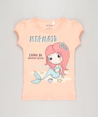 Blusa-Infantil-Sereia-com-Glitter-Manga-Curta-Decote-Redondo-em-Algodao---Sustentavel-Coral-9215953-Coral_1