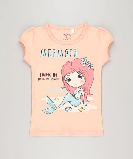 Blusa-Infantil-Sereia-com-Glitter-Manga-Curta-Decote-Redondo-em-Algodao---Sustentavel-Coral-9215953-Coral_1
