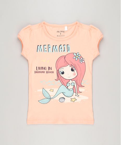 Blusa-Infantil-Sereia-com-Glitter-Manga-Curta-Decote-Redondo-em-Algodao---Sustentavel-Coral-9215953-Coral_1