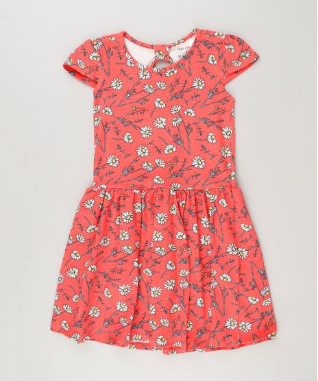 Vestido-Infantil-Estampado-Floral-com-Manga-Curta-e-Decote-Redondo-em-Algodao---Sustentavel-Coral-9225518-Coral_1