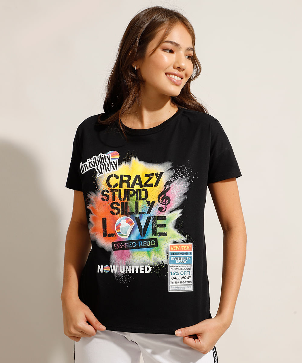 Blusa Juvenil Manga Curta Now United "Crazy Stupid Love" Preta