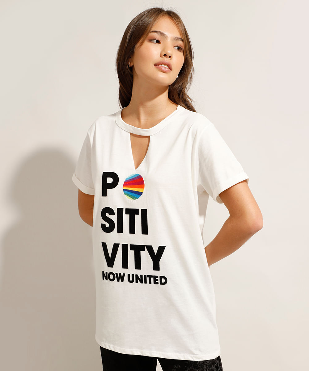 Blusa Juvenil Now United "Positivity" Manga Curta Decote Choker Off White