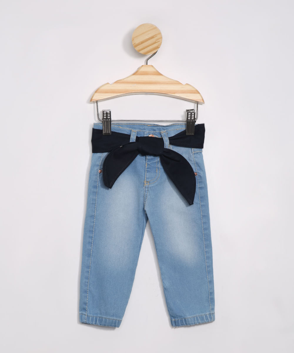 Calça Infantil Reta Jeans com Faixa para Amarrar Azul Médio