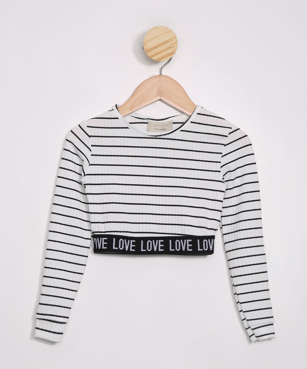 Blusa Infantil Cropped Canelada Listrada "Love" Manga Longa Off White