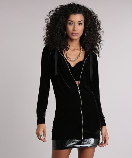 Blusao-Feminino-Longo-com-Capuz-em-Veludo-e-Ziper-com-Argola--Preto-9163267-Preto_1