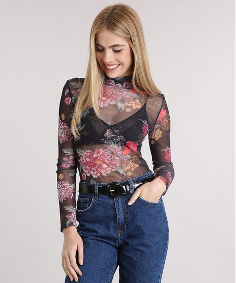 Blusa-Feminina-em-Tule-Gola-Alta-Estampada-Floral-Manga-Longa-Preta-9132100-Preto_1