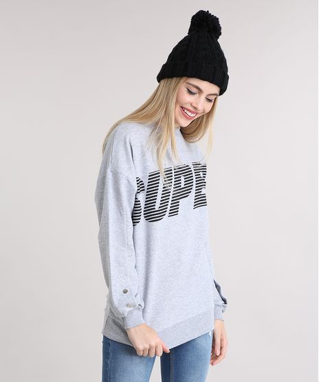 Blusao-Feminino--Super--em-Moletom-com-Botoes-Decote-Redondo-Manga-Longa-Cinza-Mescla-9133275-Cinza_Mescla_1