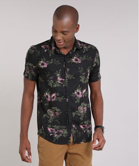 Camisa-Masculina-Estampada-Floral-Manga-Curta-Preta-9193695-Preto_1