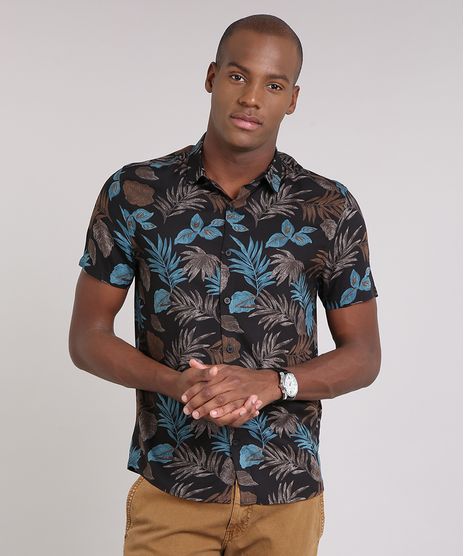 Camisa-Masculina-Estampada-de-Folhagem-Manga-Curta-Preta-9170780-Preto_1