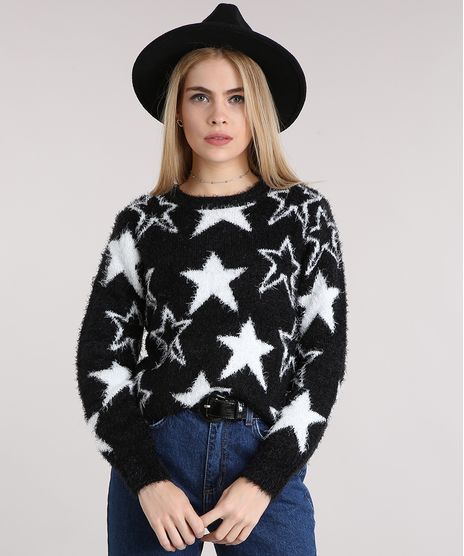 Sueter-Feminino-em-Trico-Felpudo-Estampado-de-Estrelas-Decote-Redondo-Manga-Longa-Preto-8891804-Preto_1