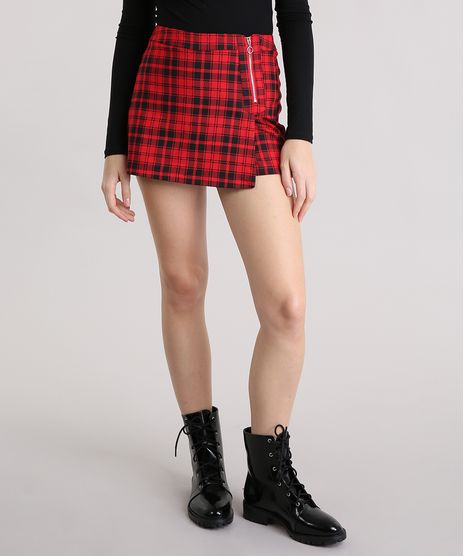 Short-Saia-Feminino-Xadrez-Curto-com-Ziper-com-Argola-Vermelho-8855230-Vermelho_1