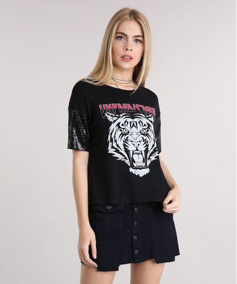 Blusa-Feminina-Tigre-com-Paetes-na-Manga-Decote-Redondo-Preta-9133068-Preto_1