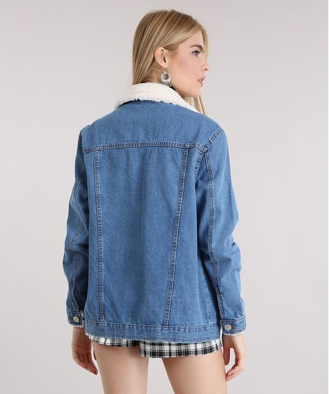 jaqueta jeans com gola de pelo feminina